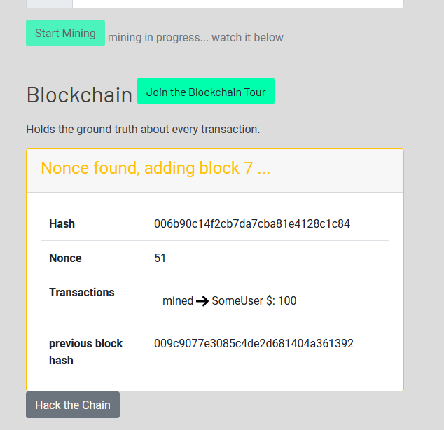 Toycoin blockchain explorer showing a newly mined block and its transactions